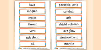 Volcano Labels - Mountains & Volcanoes Literacy Primary Resources, rock, valley