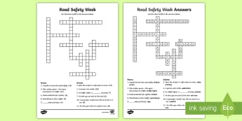 KS2 Road Safety Week Crossword - green cross code, staying safe, zebra crossing, lollipop person, pedestrian, helmet, traffic lights