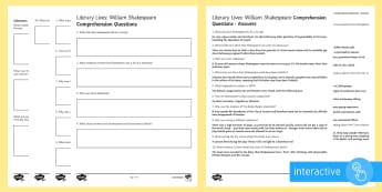 Literary Lives: William Shakespeare Differentiated Comprehension Go Respond Activity Sheets - Comprehensions KS3/4 English, William Shakespeare, Anne Hathaway, Mary Arden, Stratford-upon-Avon, J