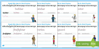 People Who Help Us Topic Word Practice Worksheets - people who help us, people who help us words, people who help us word writing practice, writing words