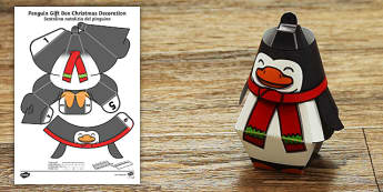 Penguin Gift Box Christmas Decoration Activity English/Italian - penguin, gift box, christmas, decoration, craft, paper, EAL