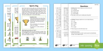 KS1 Sports Day Differentiated Reading Comprehension Activity - Activities, P.E., Race, Facts, Information, Non-fiction, Real life, Questions