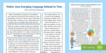 EYFS Maths: Uses Everyday Language Related to Time Home Learning Challenges - EYFS Uses Everyday Language Related to Time, shape space measure, SSM, home learning, homework, pare