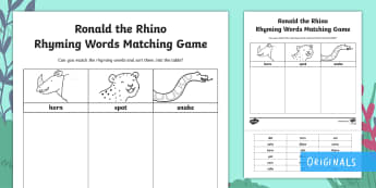 Ronald the Rhino Rhyme Matching Activity - Ronald the Rhino, children's book, rhyme, story, text, rhyming couplets, syllables, Leopard, Python