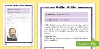 Galileo Galilei Significant Individual Fact File - famous, solar system, scientist, planets, stars, sun, rotate, Jupiter, move, around, circle, Italy, 