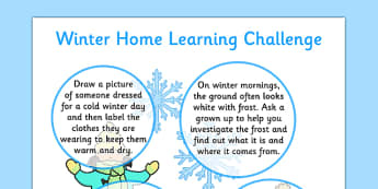 Winter Home Learning Challenge Sheet Reception FS2 - eyfs, winter, home learning, challenge, sheet, reception
