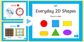 Everyday 2D Shapes PowerPoint - early years, shape, maths, 2D shape, circle, square, rectangle, oval, triangle