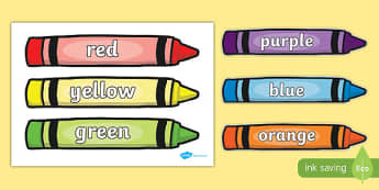 Colour Words on Crayons - Crayon, colour display, colour posters, colour, display, poster, posters, colour mixing, black, white, red, green, blue, yellow, orange, purple, pink, brown