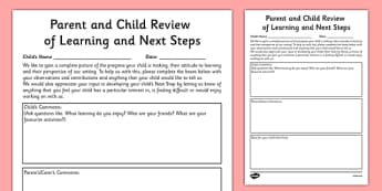 Parent and Child Review of Learning and Next Steps Template - EYFS assessment, Early years assessment