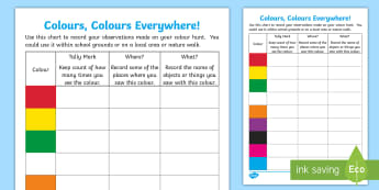 Colours, Colours Everywhere! Outdoor Activity Sheet - CfE Outdoor Learning, nature, forest, Worksheet, woodland, playground, colour hunt,Scottish