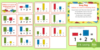 Addition to 5 and to 10 Building Bricks Busy Bag Prompt Card and Resource Pack - Addition, Number, Maths, Mathematics, Adding, Number Bonds, Lego, Duplo, Mega Blocks, Megablocs, Meg