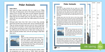 KS1 Polar Animals Differentiated Reading Comprehension Activity - Winter 2016/17, weather, cold, freezing, fur, insulation, polar bear, penguin, blizzard, Arctic, Ant