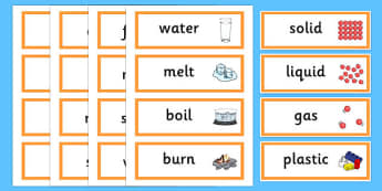 Solids Liquids and Gases Word Cards - States, word card, flashcards, liquid, gas, solid, ice, forces, movement, gravity, push, pull, Magnet, friction, science, knowledge and understanding of the world