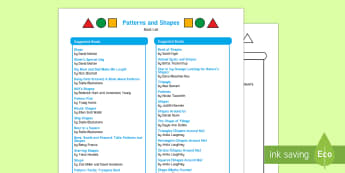 Patterns and Shapes Book List - EYFS, Early Years, Literacy, reading, book corner, pattern, shapes, maths, EAD, Expressive Arts and 