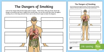 The Dangers of Smoking Labelling Activity Sheet - dangers of smoking, labelling, KS2, body, science, PSHE, harmful substances, nicotine, organs, effec