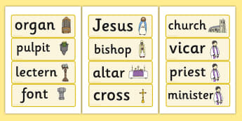 Christian Church Word Cards - Church, Christian, God Jesus, word card, flashcards, minister, Vicar, bible, bells, organ, Sunday, cross