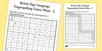 British Sign Language Left Handed Fingerspelling Colour Maze C