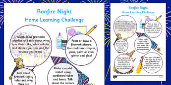 EYFS Bonfire Night Home Learning Challenge Sheet Reception FS2 - eyfs, bonfire night