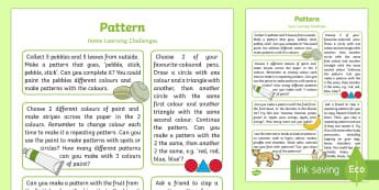 EYFS Maths: Patterns Home Learning Challenges Reception FS2 - sequence, home learning, home work, home links, home school, parent links, carers, adult input plan,