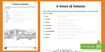 A Sense of Autumn Word Scramble Activity Sheet - exploring my world, seasons, Aistear, school trip, forest, worksheet, blackberries, squirrels, leave