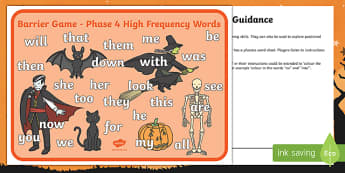 Halloween Themed Phase 4 Words Barrier Game Activity Sheet