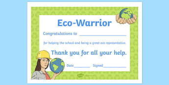 Eco Warrior Award Certificate - eco warrior, award certificate, award, certificate