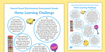 General Sound Discrimination Instrumental Sounds Home Learning Challenge Sheet FS2 - EYFS planning, Early years activities, homework activities, phonics, Letters and Sounds, Phase 1, Aspect 2, listening skills