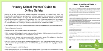 Parents' Guide to eSafety for Primary School Children Parent and Carer Information Sheet - wellbeing, esafety, internet, safety, cyberbullyinh