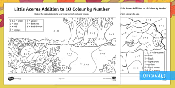 Little Acorns Addition to 10 Colour by Number - twinkl originals, fiction, colour by number, addition to 10, KS1, EYFS, maths