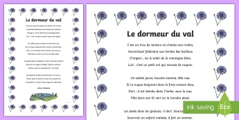 Poster : Le dormeur du val - 11 Novembre, Armistice, 14-18, Première, Guerre, Poésie, Histoire, Souvenir, Cycle 2, Cycle 3,Fren