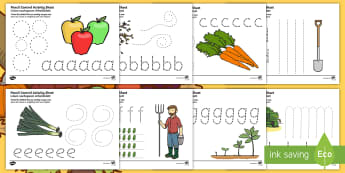Autumn and Harvest Themed Pencil Control Sheets A-Z English/German - seasons, weather, fall, writing, letters, EAL, translation