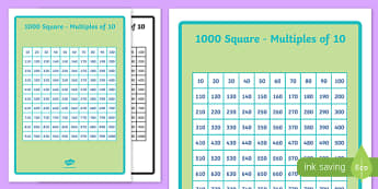 1000 Number Square Multiples of 10 - 1000 number square, number square, numbers, multiples of 10, multiples