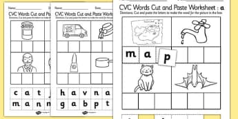 CVC Words Cut and Paste Activity Sheet a - CVC worksheets, CVC words, literacy, phonics, fine motor, cvc, cutting