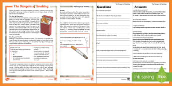 The Dangers of Smoking Differentiated Reading Comprehension Activity - KS2, English, reading, comprehension, Science, human body, smoking