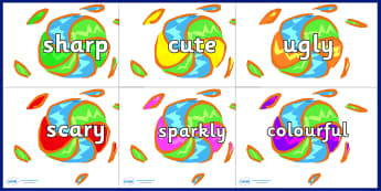 Wow Words on Fireworks - Wow words, adjectives, VCOP, describing, Wow, display, poster, wow display, tasty, scary, ugly, beautiful, colourful sharp, bouncy