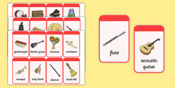 Musical Instrument Flashcards - Music, instrument, action, word card, flashcard, word cards, playing instruments, piano, drums, guitar, recorder, violin, triangle, cymbals, notes, music
