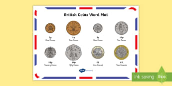 New British (UK) Coins Word Mat - money, coin mat, maths,