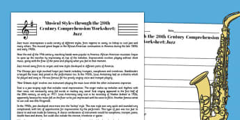 Jazz Reading Comprehension Activity - jazz, comprehension, worksheet