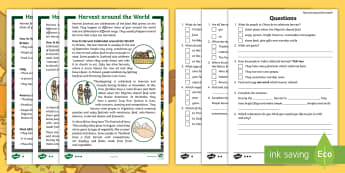 KS1 Harvest around the World Differentiated Reading Comprehension - Festival, Celebration, Non-fiction, Information, Food