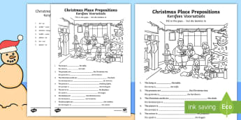 Christmas Place Prepositions Fill in the Gaps Activity Sheet - December, celebrate, write, vocabulary, woordeskat, skryf, EA, worksheet