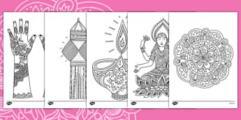 Diwali Themed Mindfulness Colouring Sheets - colouring, pd, fine motor skills, well being, stress, relax, unwind, early years, ks1, ks2, art, home learning, display