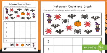 Halloween Count and Graph Activity Sheet - Graph, One-to-one correspondence, math, pre-K, counting, number recognition, Worksheet