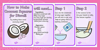 Coconut Ice Squares Diwali Recipe Cards - festivals, celebrations
