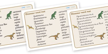 Dinosaur Word Mat (All Text Version) - Dinosaur, word mat, writing aid, dinosaurs, topic, history, t-rex, stegosaurus, raptor, iguanodon, tyrannasaurus rex