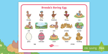 Brenda's Boring Egg Word Mat - twinkl originals, fiction, KS1, EYFS,story, vocabulary, independent writing, egg, egg, duck, ducks, 