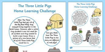 The Three Little Pigs EYFS Home Learning Challenge Sheet Nursery FS1 - Homework, EYFS planning, Early years activities, traditional tales