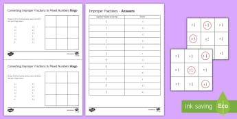 Converting Improper Fractions to Mixed Numbers Bingo - fractions, mixed numbers, convert, conversion, bingo, improper, top heavy, top-heavy