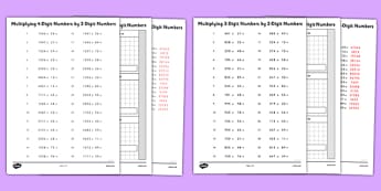 Multiplying 4 and 3-Digit Numbers by 2-Digit Numbers Activity Sheet Pack - multiplying, 4 digit, 3 digit, 2 digit, numbers, activity, worksheet