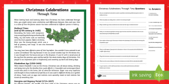 KS2 Christmas Celebrations Through Time Differentiated Reading Comprehension Activity - Christmas, Nativity, Jesus, xmas, Xmas, Father Christmas, Santa, history of Christmas.