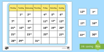 Calendar Missing Ordinal Number Activity Sheet - Calendar Missing Ordinal Number Activity Sheet - monthly calendar, cut and stick, template, monthly,